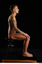 Whole Body Man White Tattoo Nude Athletic Sitting Studio photo references